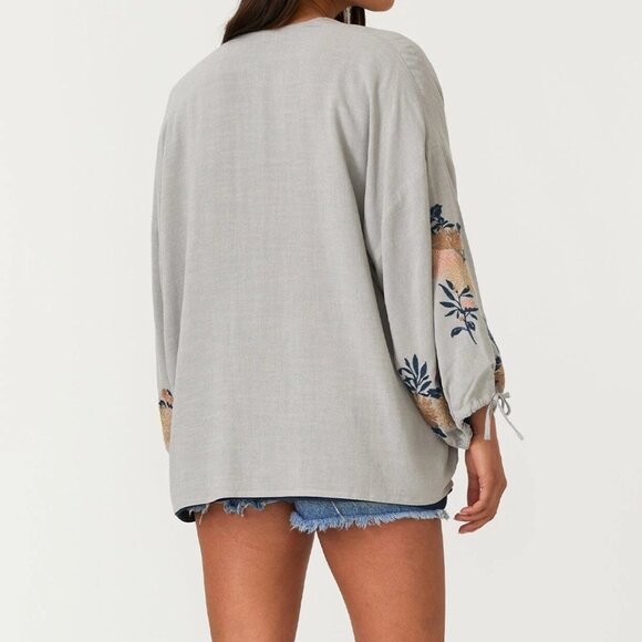 Lovestitch Linen Carmel Kimono Top Embroidered Flowy Navy Grey Cardigan Cover Up - Picture 5 of 7